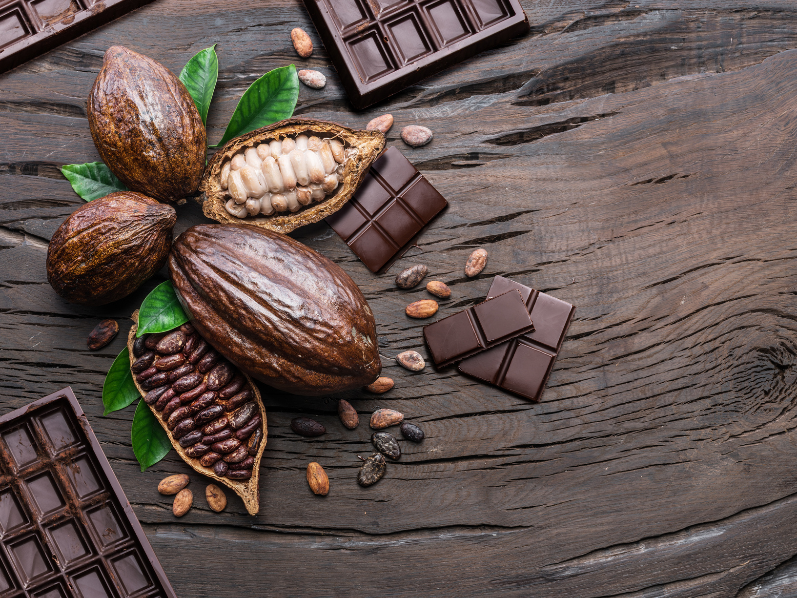 Cocoa pod, cocoa beans and chocolate.